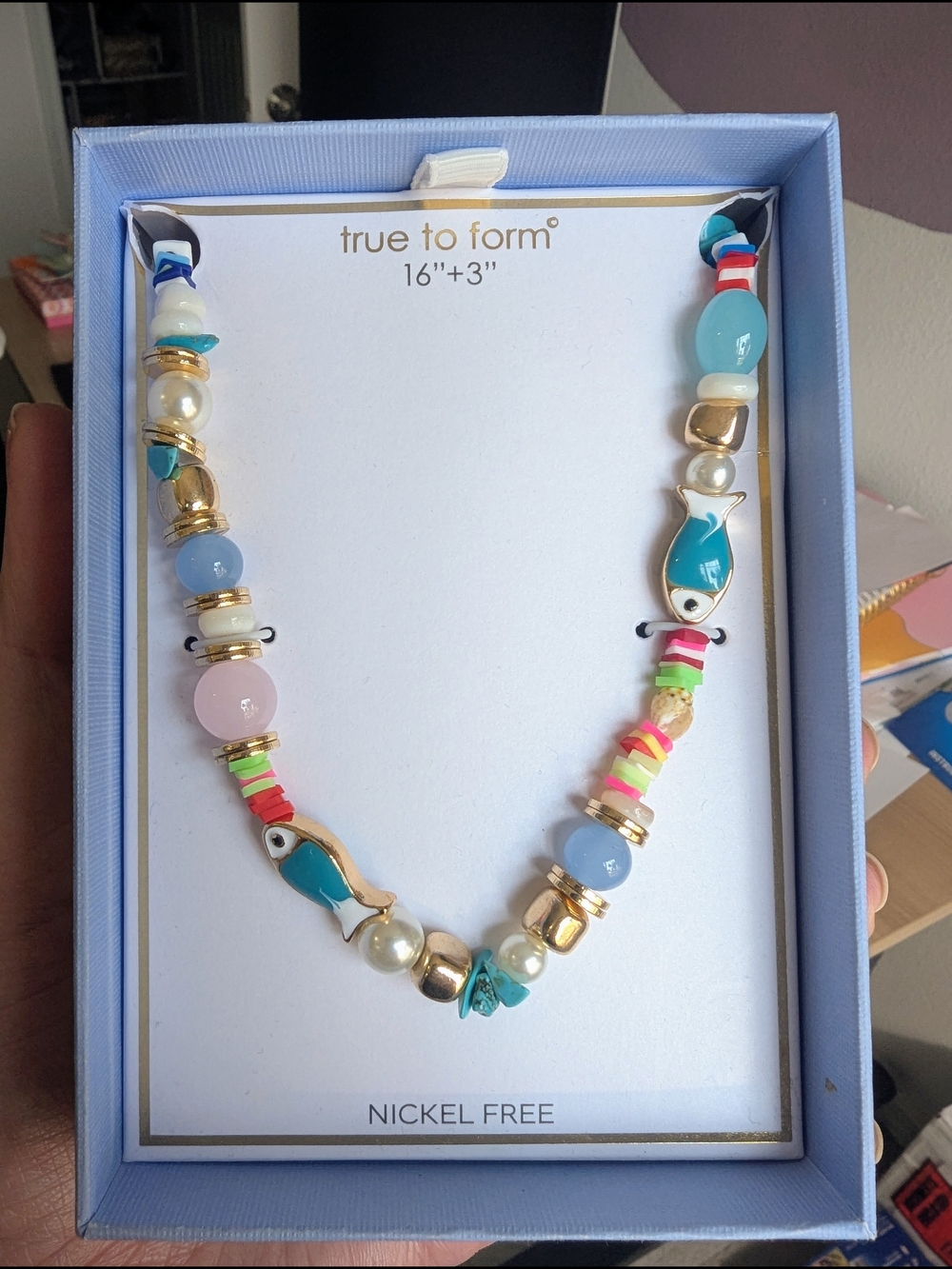 true to form Multicolor Beaded Fish Necklace - Blue & Pink Accents NIB
